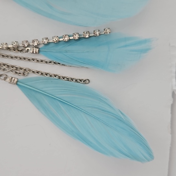 Feather, Rhinestone, Chain & Silvertone Metal Bow Pierced Earrings - Picture 8 of 9